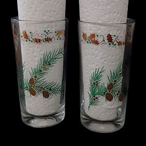2 MCM Pine Branch Gold Holly Tumblers Continental Can Co Hazel Atlas Winter Vtg.